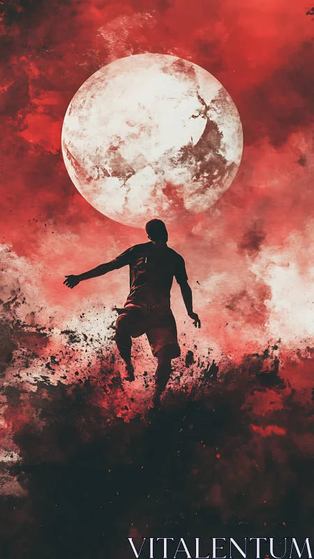 Silhouetted figure leaping toward large moon in red sky.
