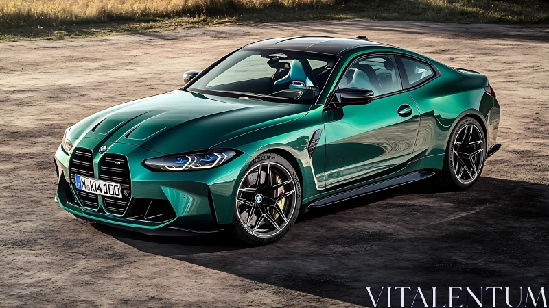 Gleaming green sports coupe basking in soft golden light.