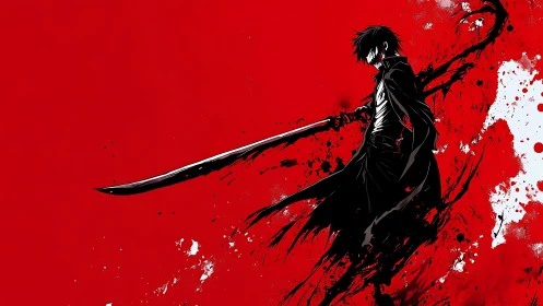 Shadowed swordsman cuts across a storm of red energy.