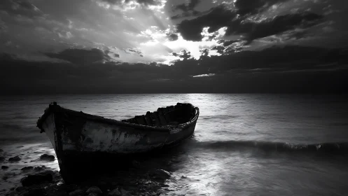 Moonlit wrecked boat broods beneath storm split horizon.