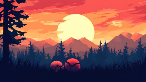 Sunset quest orbs resting beneath ember kissed pines.
