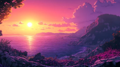 Sunlit lavender shores under a dreamy coastal sunset.