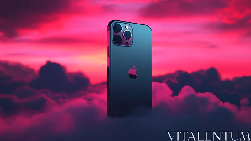 iPhone 11 Pro smartphone elevated above gradient cloudscape with volumetric atmospheric lighting and