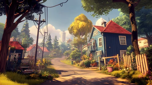 Colorful suburban street curves toward distant city towers