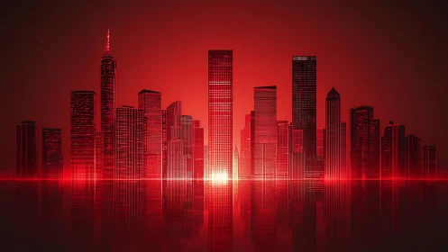 Red monochrome futuristic skyline with gridlit towers and reflections