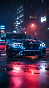 Sport sedan glows under neon rain on a slick city street