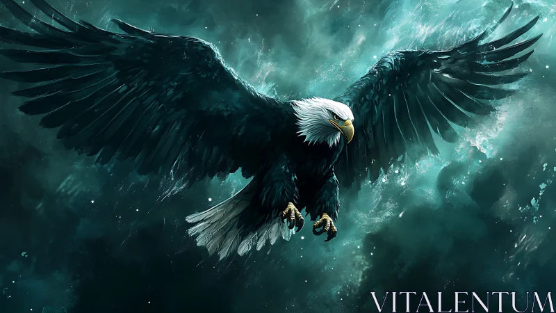 Majestic Bald Eagle in Flight Over Turbulent Skies, Digital Art.