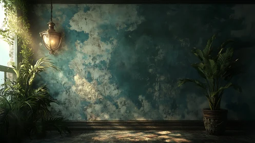 Moody teal plaster wall with hanging lantern and plants.