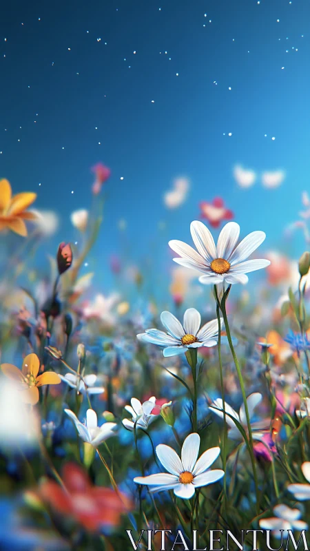 White daisies against brilliant cerulean backdrop with bokeh depth