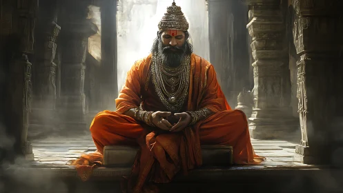 Silent saffron monarch folds power into temple stillness