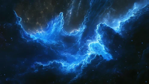 Vivid blue cosmic nebula cloudscape in deep outer space.