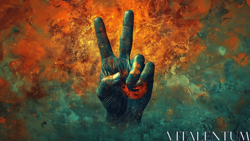 Hand gesture with raised fingers against abstract background.