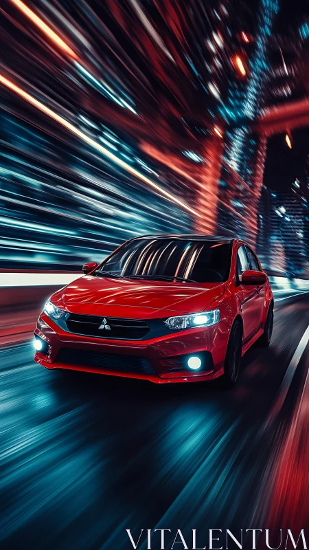 Scarlet Mitsubishi sedan racing through neon light trails.