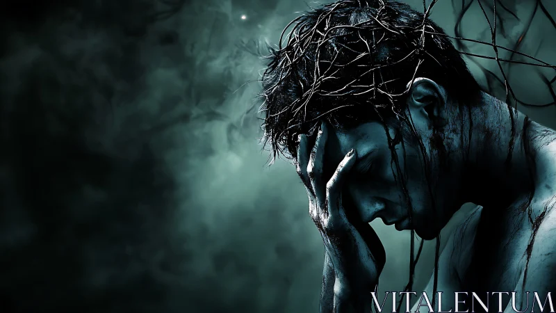 Tangled thoughts press like thorns in a storm of teal silence