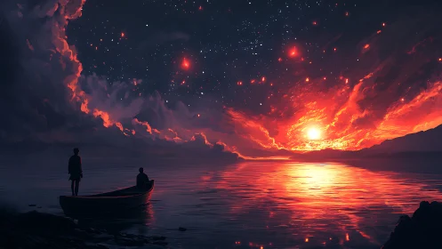 Twilight boat drifters beneath a star-scorched crimson sky.