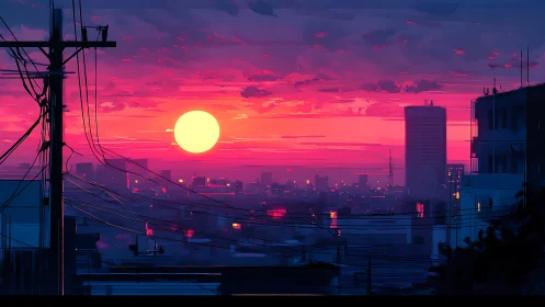 Sun sets over dense city skyline with silhouetted power lines