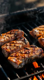 Grilled pork steaks on barbecue grate with rising smoke.