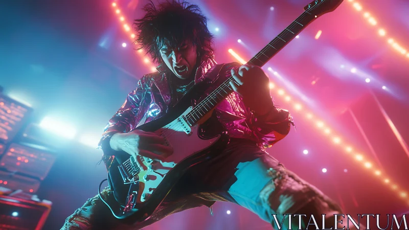 Rock guitarist in neon concert lighting plays electric solo.
