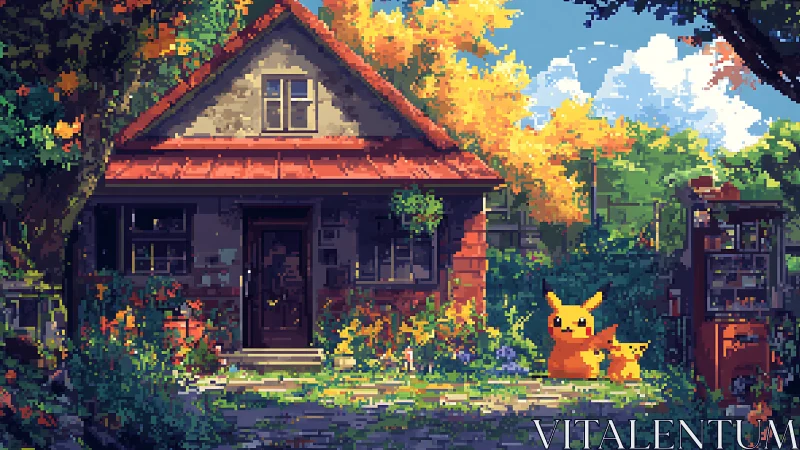 Pixel cottage exterior with garden and yellow creatures.