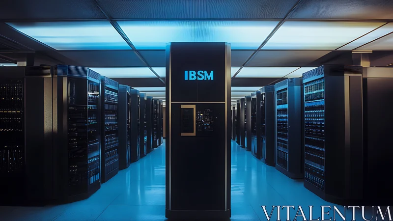 Modern IBM server room with central data rack in blue light.