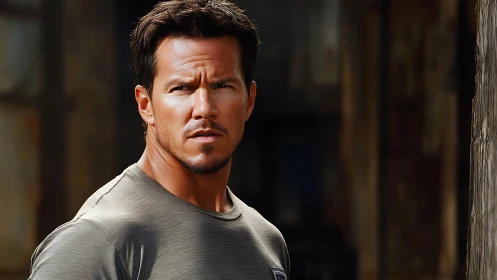 Thoughtful man in sunlight with rugged outdoor backdrop.