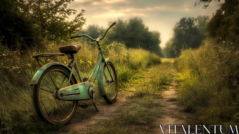 Weathered Vintage Bicycle on Overgrown Rural Dirt Path.