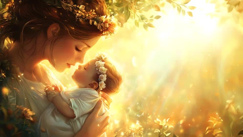 Mother and Child Embraced in Golden Radiance.