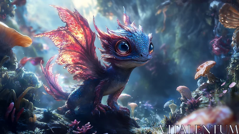 Tiny dragon hatchling glows in a mystical forest clearing.