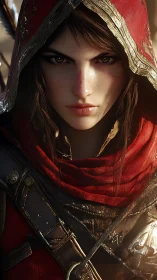 Hooded fantasy archer locks intense gaze in warm light.