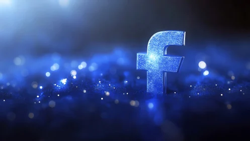 Glittering blue lowercase f symbol on diffuse luminous ground.