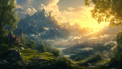 Sunlit alpine valley with castle rendered in high fantasy detail