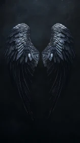 Symmetric dark feathered wings on low-key textured void.