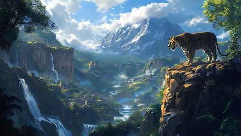 Tiger Poised Above Verdant Mountain Valley.