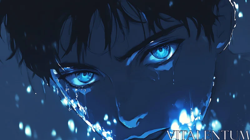 Intense blue-eyed portrait with luminescent digital tears at night
