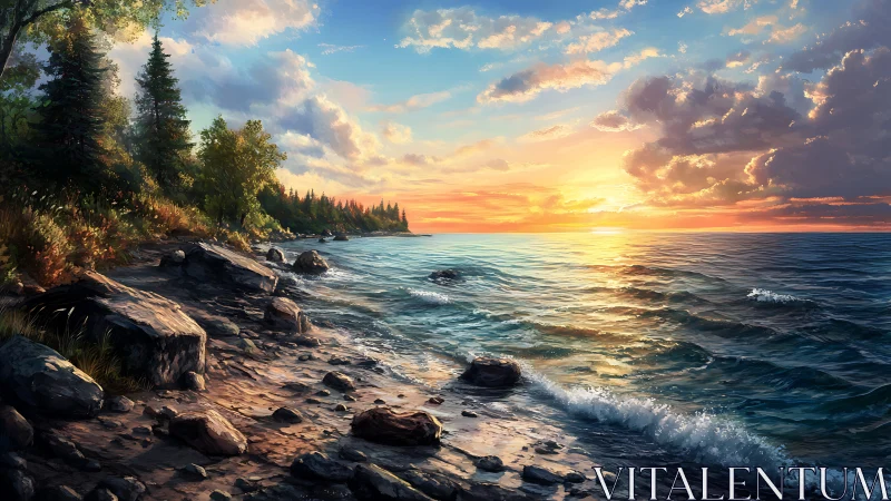 Sunlit rocky lakeshore with wave dynamics at sunset horizon