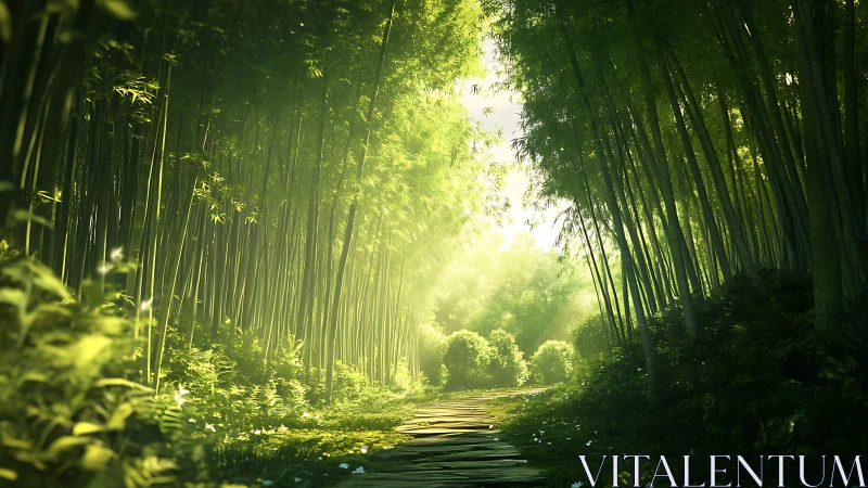 Luminous Bamboo Pathway: Radiant Forest Corridor with Golden Light.