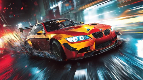 Street racer BMW slicing neon rain in dynamic drift night.