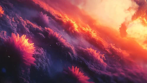 Stellar nebula flora field under volumetric sunrise light