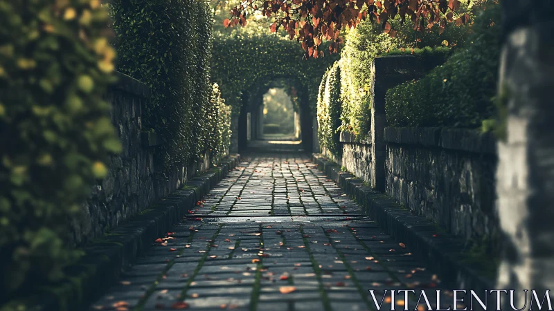 Cobblestone garden corridor under arching hedges at dusk