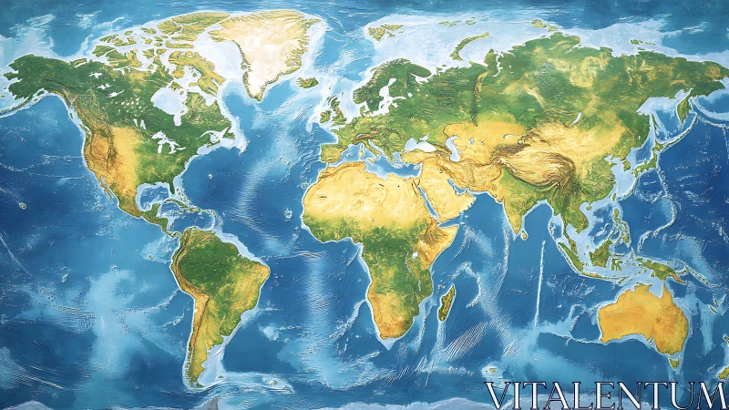 World map presents global topography with shaded relief