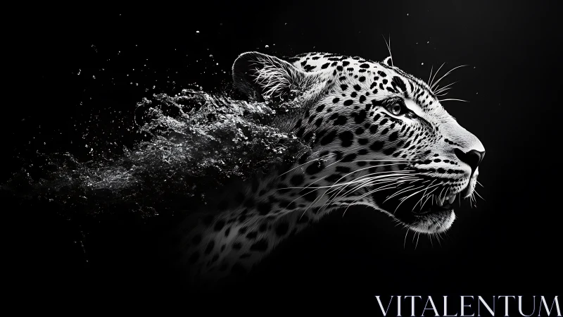 Leopard Portrait. Particle Dispersion Effect. Black Background.