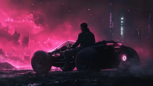 Lone driver with neon supercar in dystopian pink cityscape.