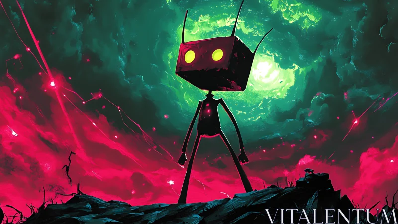 Neon-eyed robot sentinel under stormlit cosmic sky.