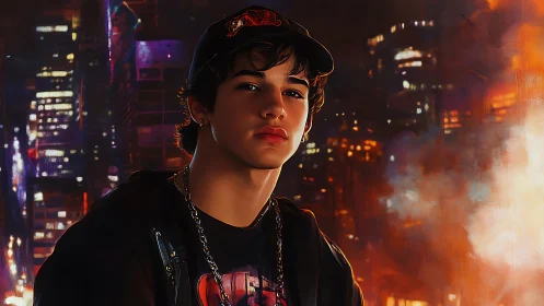 City lights and a quiet gaze in an urban night portrait.