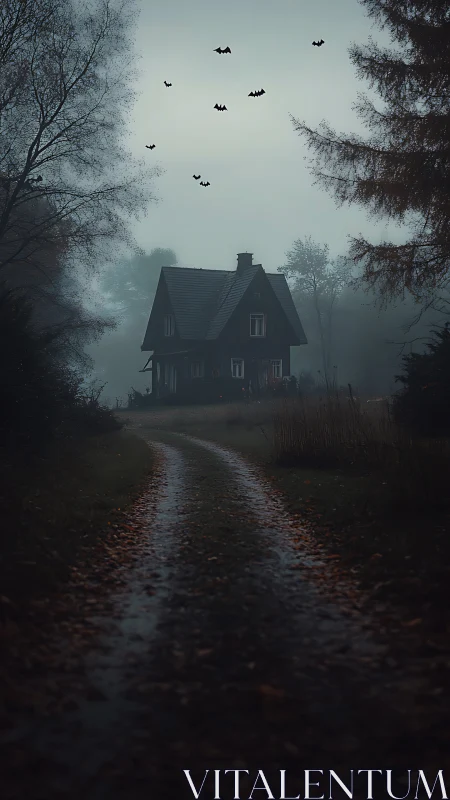 Isolated rural house stands at end of curved forest pathway