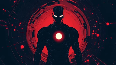 Neon sentinel emerges from a crimson digital eclipse