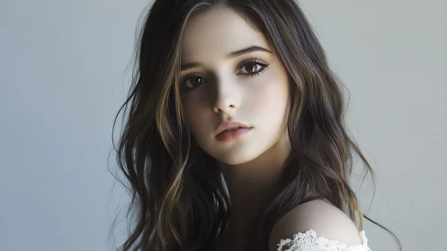 Digital close-up portrait of young woman in soft light.