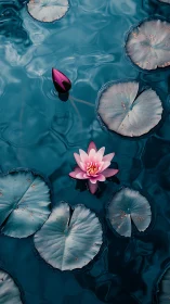 Solitary lotus blooms loudly against quietly rippling teal water