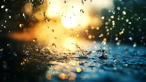 Sunlit raindrops dancing playfully across a rippling puddle.