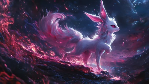Celestial fox spirit over glowing cosmic inferno.